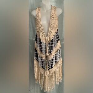 Crochet fringe duster cover-up with a gray and black tie-dye pattern